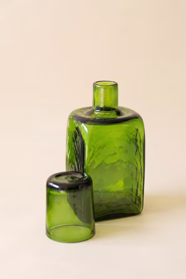 Green Recycled Glass Bedside Water Carafe and Drinking Glass