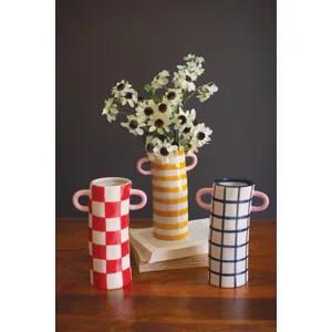 Set of 3 Patterned Ceramic Cylinder Vases with Handles 1