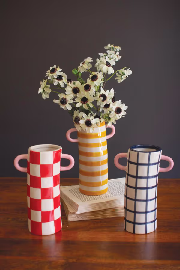 Set of 3 Patterned Ceramic Cylinder Vases with Handles