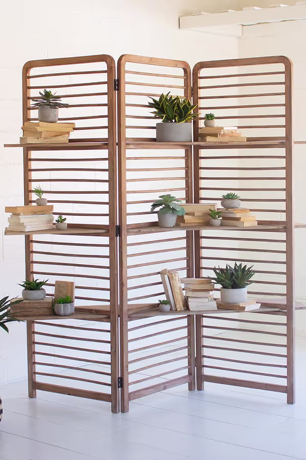 Folding Wooden Screen with Three Shelves