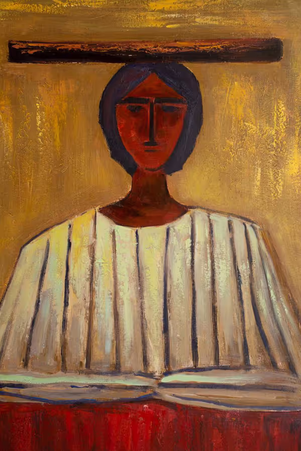 Framed Stylized Woman in Hat Painting