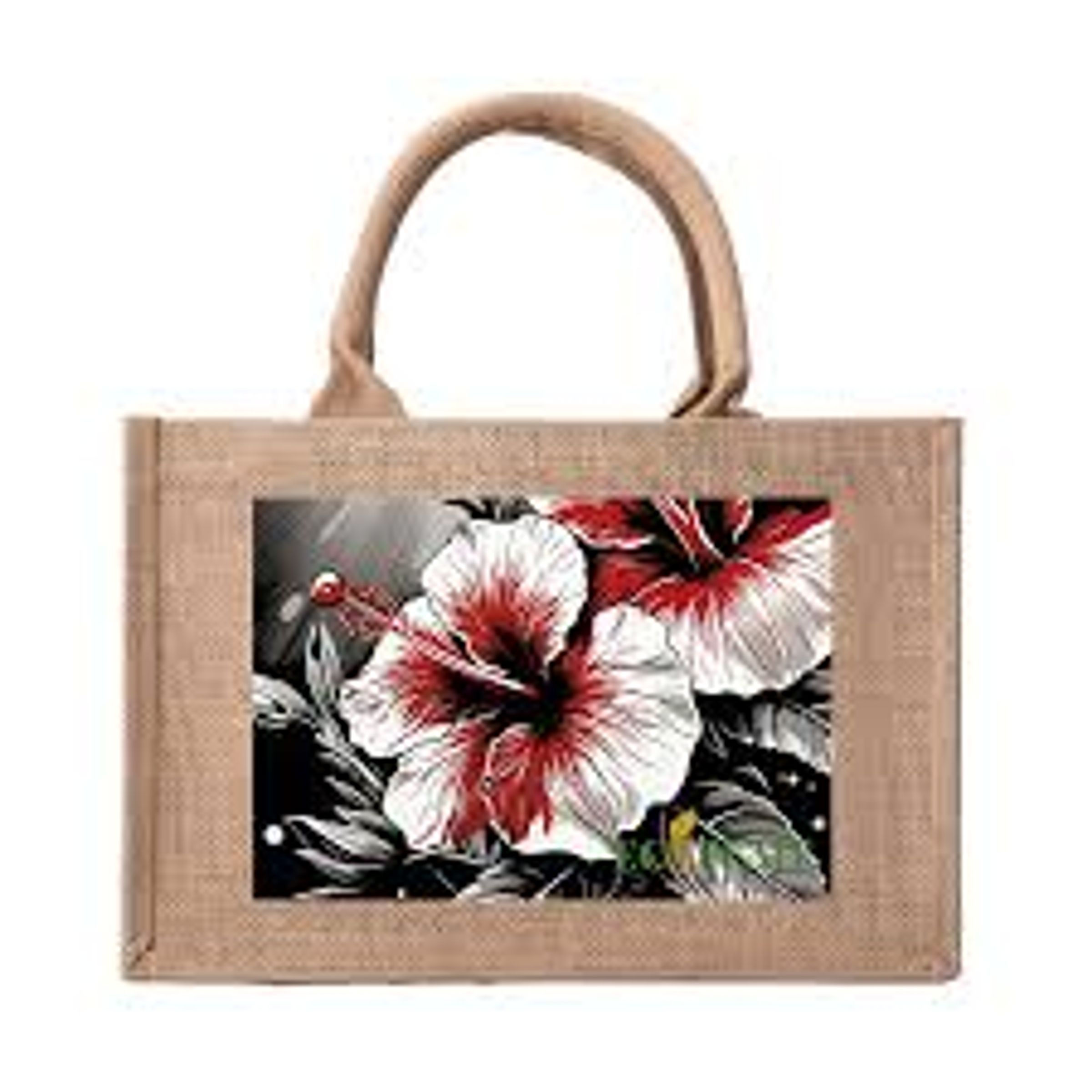 TOTE W ROPE HANDLE & JUTE - WATERCOLOR HIBISCUS