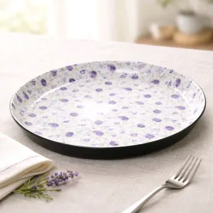 Metal Platter with an Enamel Purple Floral Print 12in 1