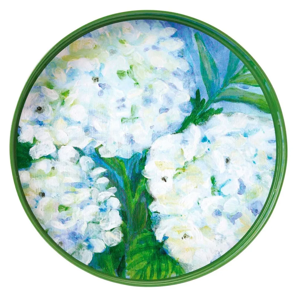 White Hydrangeas Round Lacquer Serving Tray