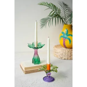 Set of 2 Colored Glass Flower Taper Candle Holders 1