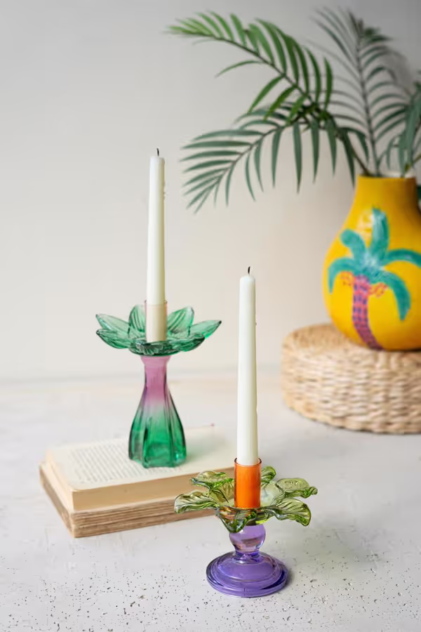 Set of 2 Colored Glass Flower Taper Candle Holders