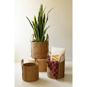 Set of 3 Round Braided Seagrass Storage Basket with Handles 4