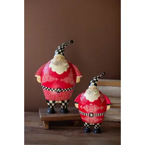 Set of 2 Painted Metal Santas with Checkered Detail 2