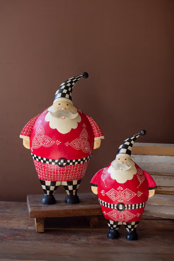 Set of 2 Painted Metal Santas with Checkered Detail