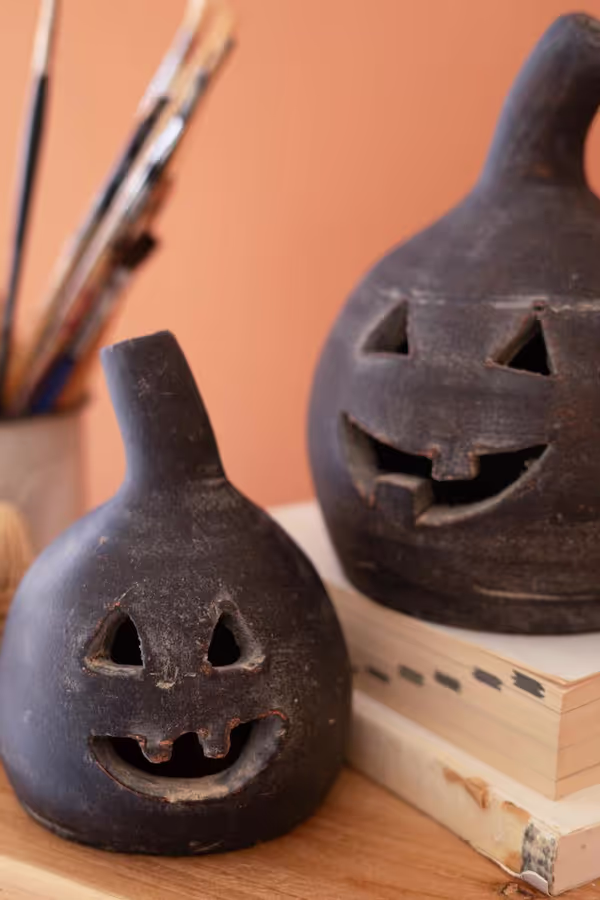 Set of 2  Small Black Clay Jack-O-Lanterns