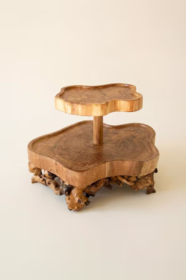 Two-Tiered Mulberry Root and Willow Wood Serving Tower