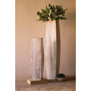 Set of 2 White-Washed Tall Oblong Wooden Vases 1
