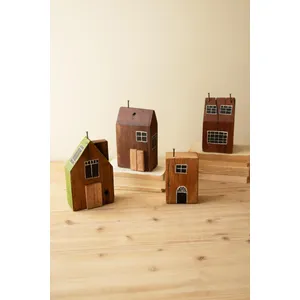 Set of 4 Hand-Painted Recycled Wood Village 5