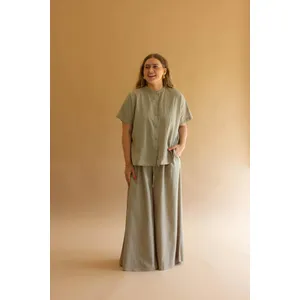 High-Neck Buttondown Short-Sleeve Blouse - Fog 1