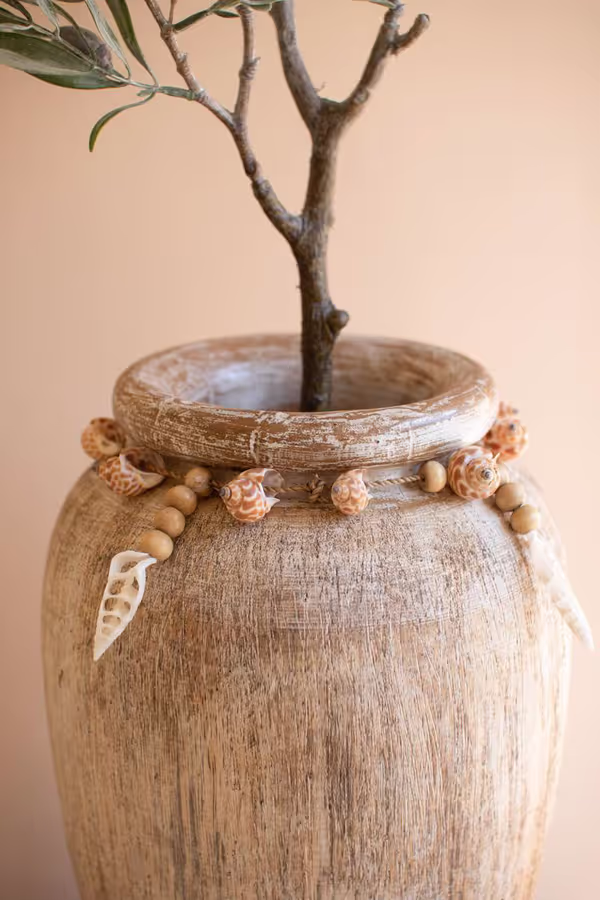 Carved Wood Vase with Shell Detail