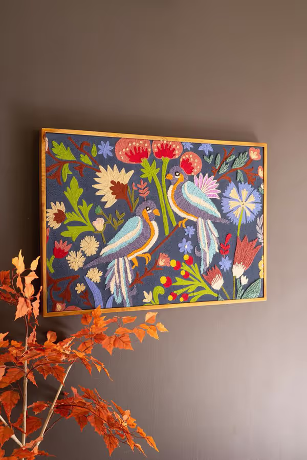 Framed Hand-Hooked Art with Birds and Flowers