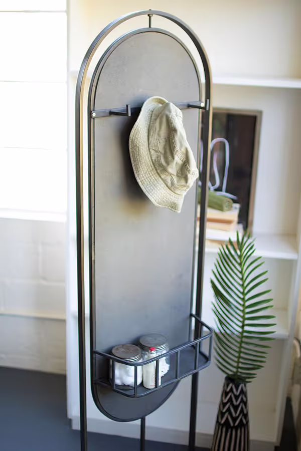 Tall Oval Floor Mirror with Rack and Basket on Back