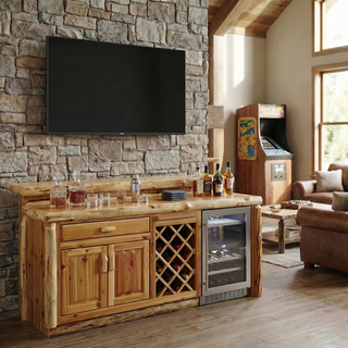 Cedar Log 7-foot Bar with Standard Cabinet - Weathered - Fridge on Right - Liquid Glass