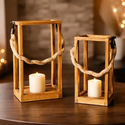Curved Handle Boxed Lanterns Set of 2 L - 8x8x14in S - 6x6x12in