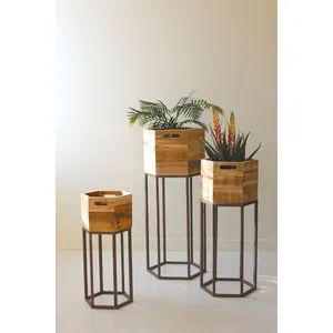 Set of 3 Hexagon Recycled Wood Planters on Metal Bases 1