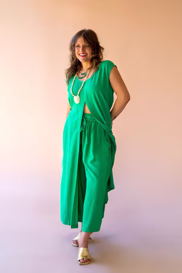 Elastic and Button Closure Waist Pant / Kale