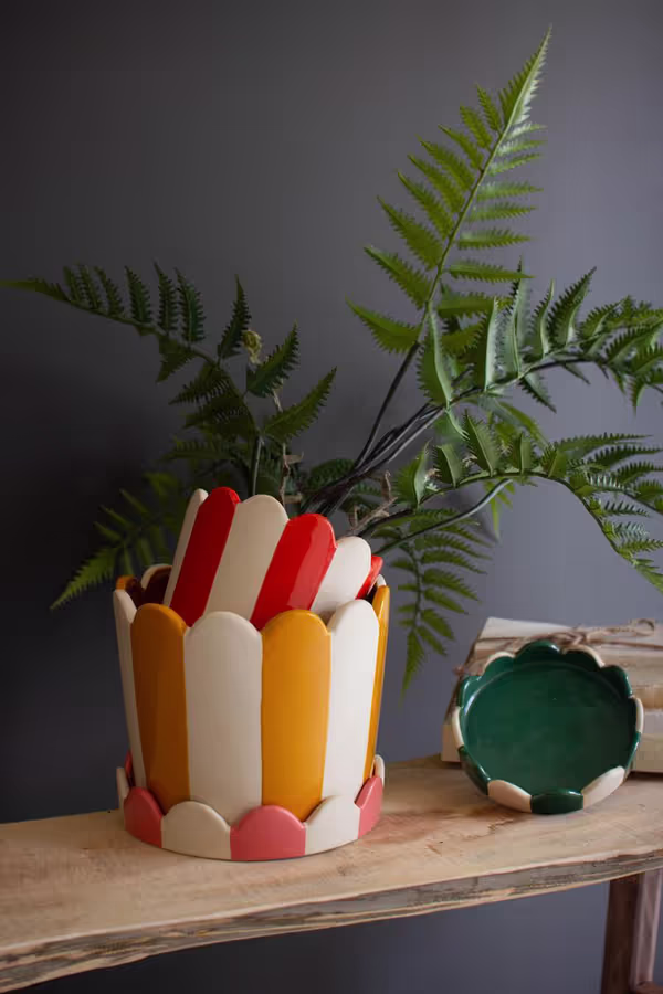 Set of 2 Striped Ceramic Flower Pots with Trays