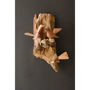 Repurposed Wood Wall Sculpture with Hand-Carved Birds 1