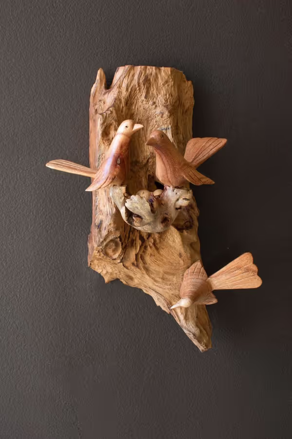 Repurposed Wood Wall Sculpture with Hand-Carved Birds