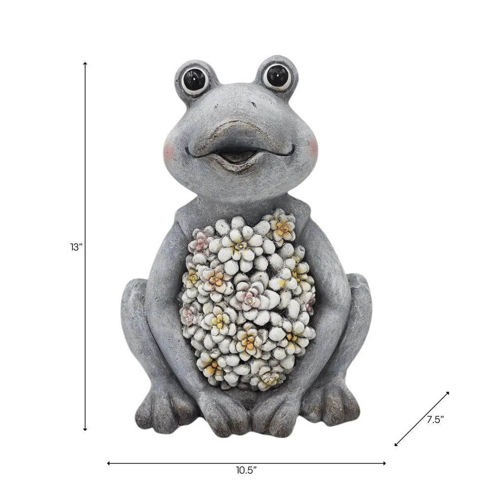 13X10" SITTING FROG WITH SOLAR FLOWERS, GREY MULTI