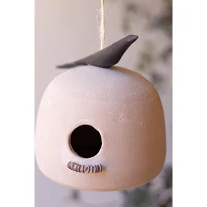 Hanging Clay Birdhouse with Carved Wooden Bird Detail 2
