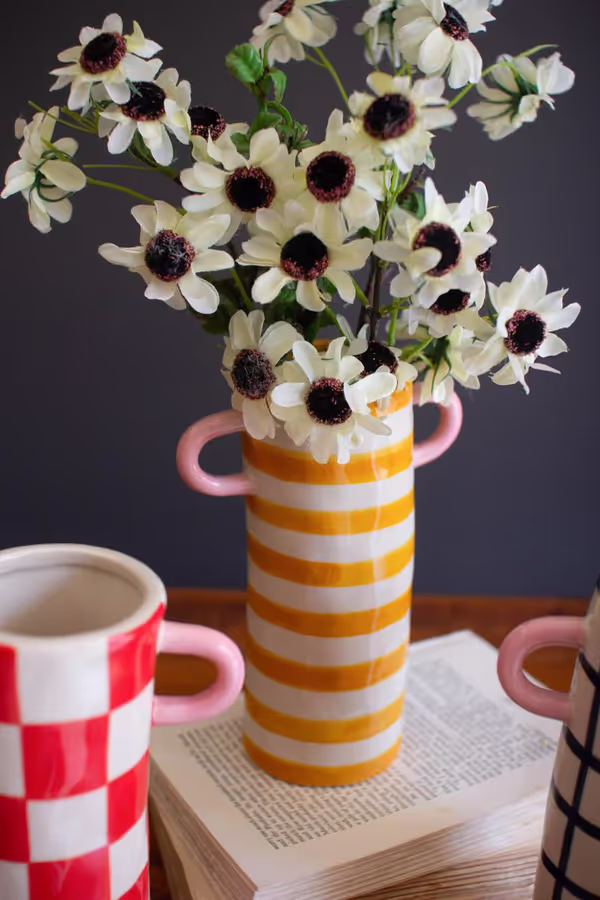 Set of 3 Patterned Ceramic Cylinder Vases with Handles
