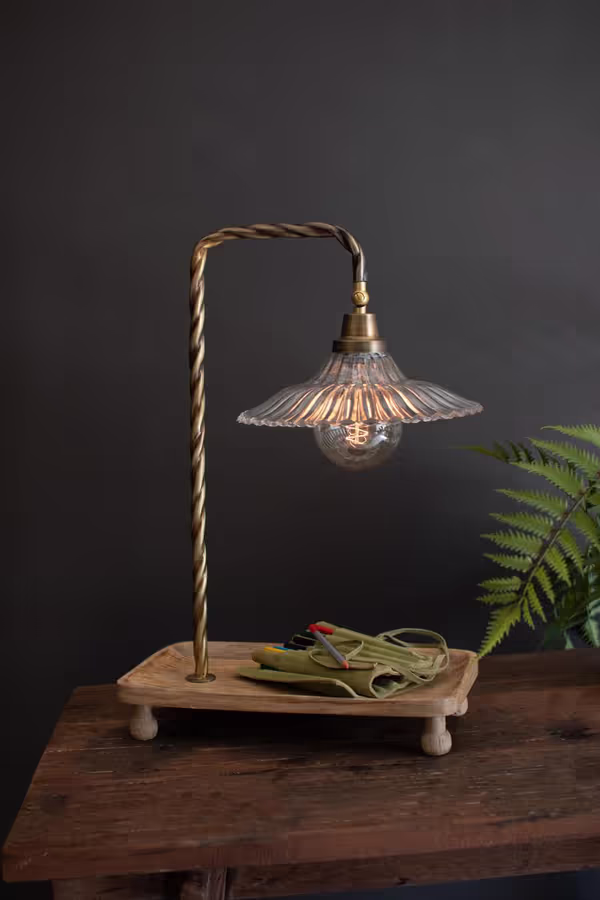 Gooseneck Table Lamp with Wooden Tray Base and Glass Shade