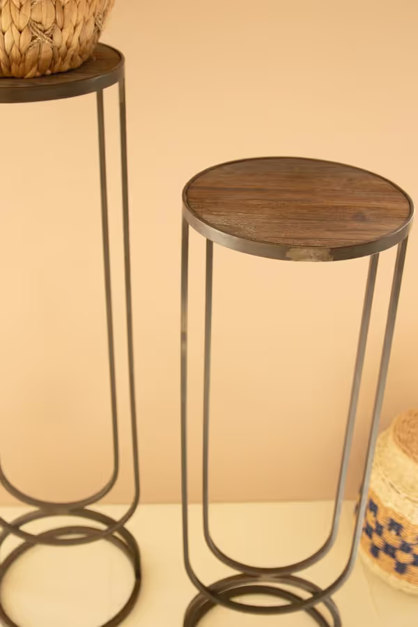 Set of 2 Metal Accent Pedestals with Recycled Wood Tops