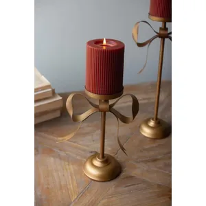 Set of 3 Antique Brass Pillar Candle Stands with Bow Detail 5