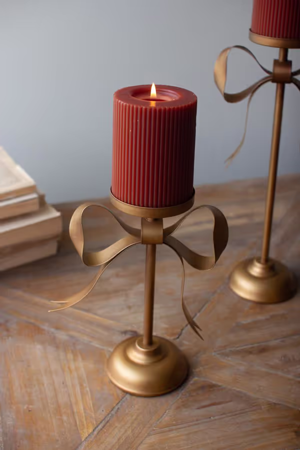 Set of 3 Antique Brass Pillar Candle Stands with Bow Detail