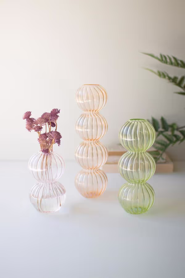 Set of 3 Fluted Glass Stacking Ball Vases