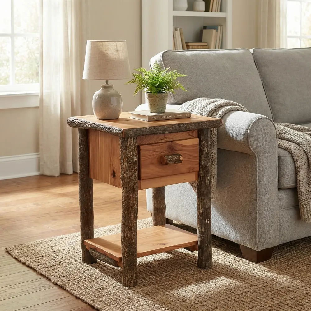 Hickory Log One Drawer End Table with Shelf - Espresso