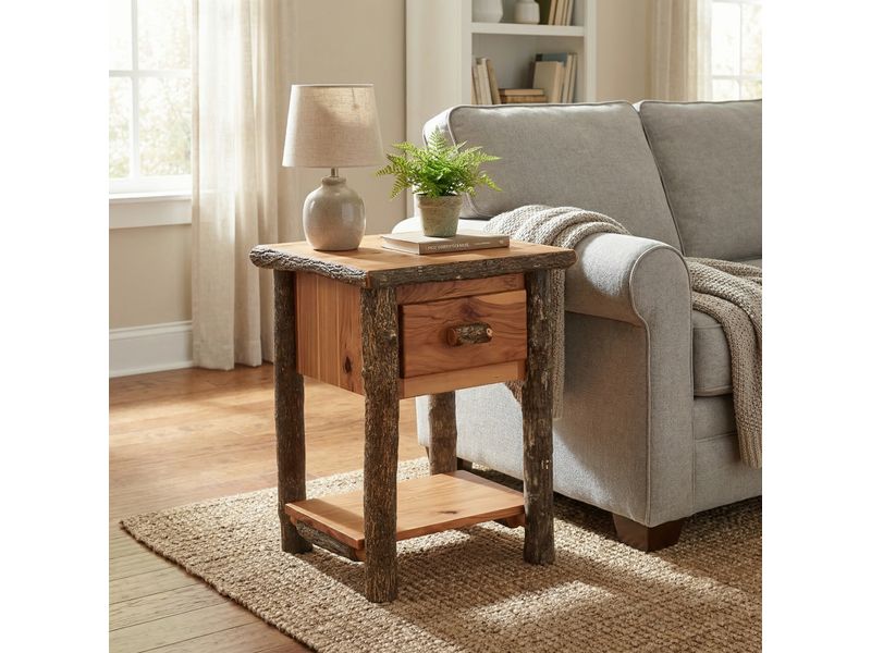 Hickory Log One Drawer End Table with Shelf - Slate 1