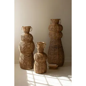 Set of 3 Woven Seagrass and Iron Floor Vases 4
