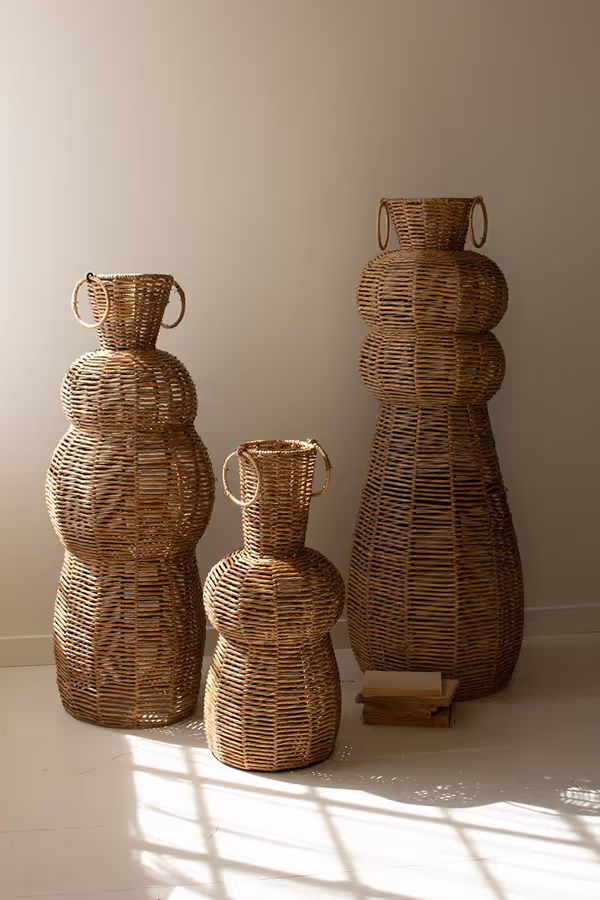 Set of 3 Woven Seagrass and Iron Floor Vases