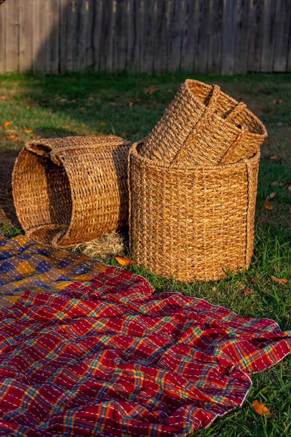 Set of 3 Round Braided Seagrass Storage Basket with Handles