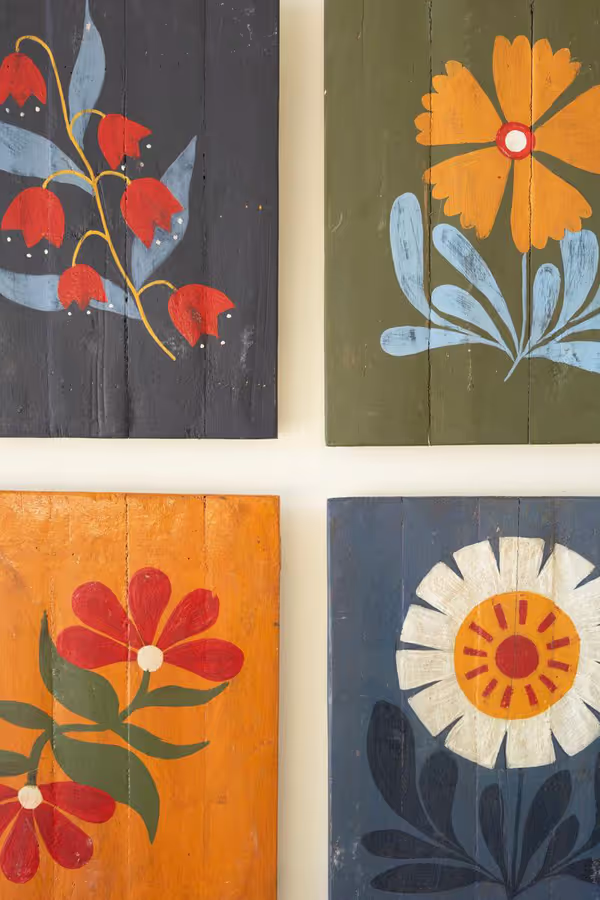Set of 4 Hand-Painted Florals on Recycled Wood
