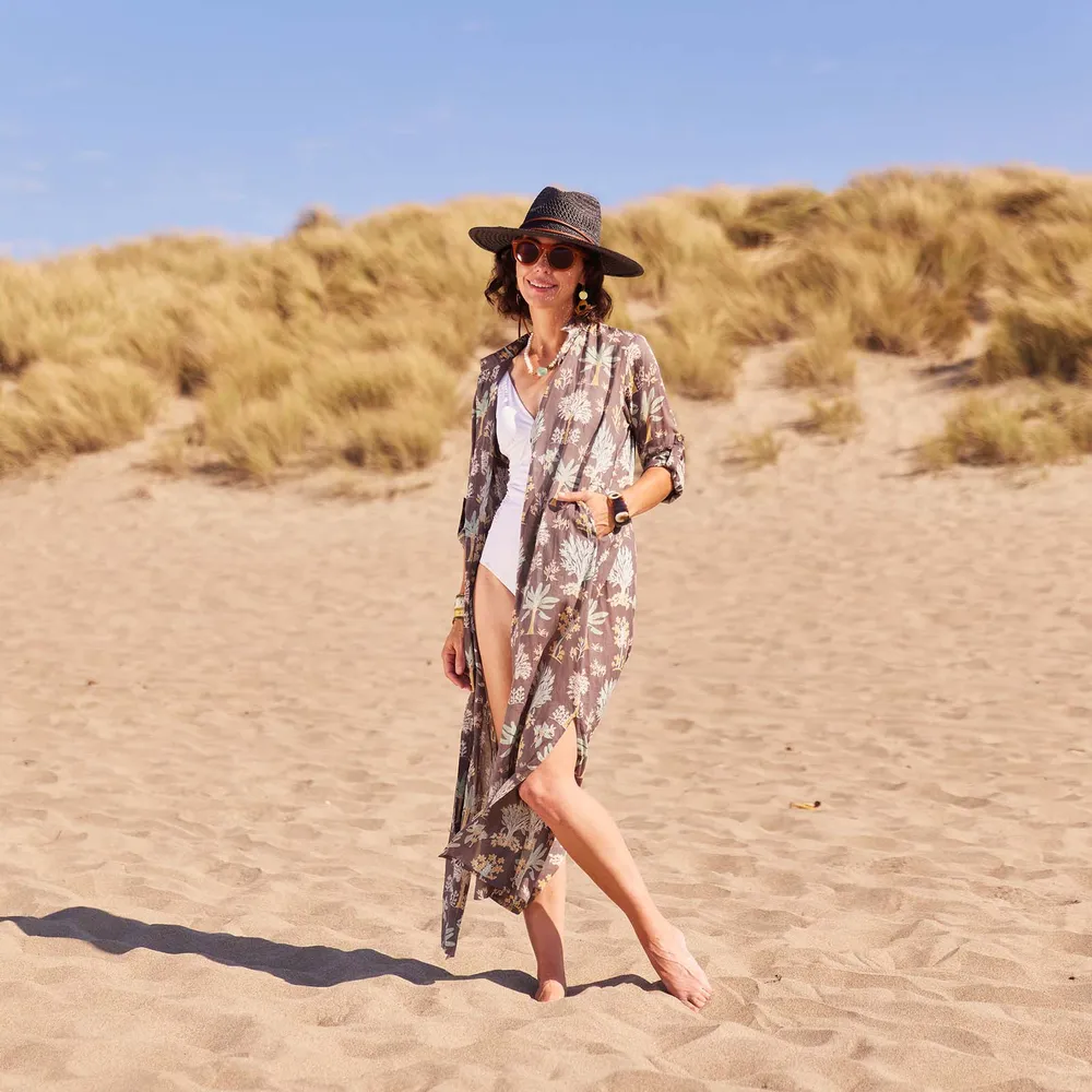Island Grey Palm Cotton Long Shirt Dress