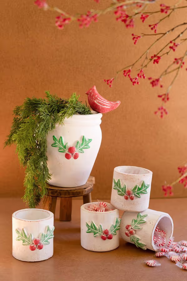 Clay Christmas Holly Container