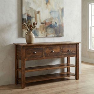 Barnwood Three Drawer Console Table with Two Shelves