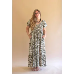 Short-Sleeve Printed Dress with Smocked Bodice 1