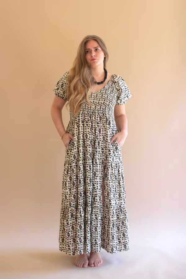 Short-Sleeve Printed Dress with Smocked Bodice