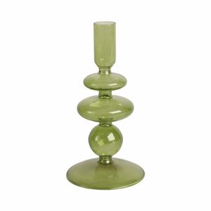 7" VINTAGE GLASS TAPER CANDLE HOLDER, OLIVE 1