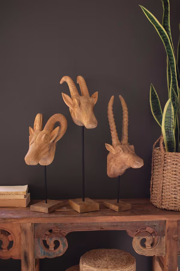 Set of 3 Carved Mango Wood African Animal Heads