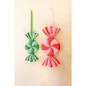 Set of 2 Large Painted Metal Colorful Christmas Candy Ornaments 1